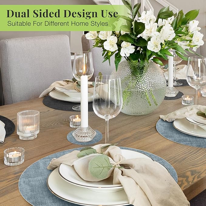 13-Inch Faux Leather Round Placemats Set of 12, Waterproof Anti-Slip Dual Sided Place mats, Heat Resistant Washable Table Mats with Coaster, Suitable for Indoor & Outdoor (12, Black Light Blue)