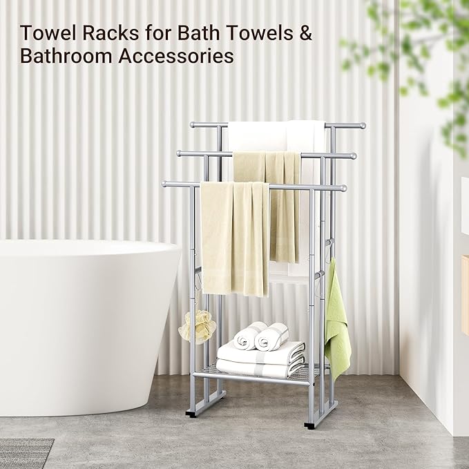 ELYKEN 3 Tier Standing Towel Rack, 40'' Tall Towel Drying Rack Outdoor, Freestanding Floor Towel Rack with Shelf, Pool Towel Blanket Stand, Metal Towel Racks for Bathroom freestanding, Smooth Silver