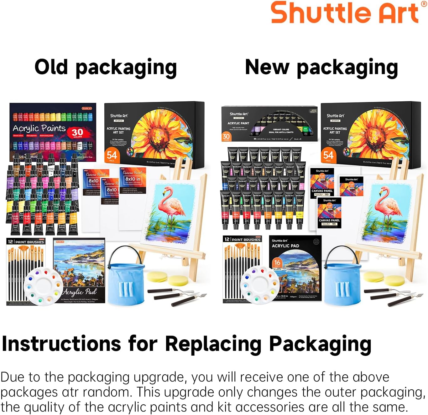 Shuttle Art 54 Pack Acrylic Paint Set, Acrylic Painting Set with 30 Colors Acrylic Paint, Wooden Easel, Painting Canvas, Paint Brushes, Palette, Art Painting Supplies for Kids Adults Beginner Artists