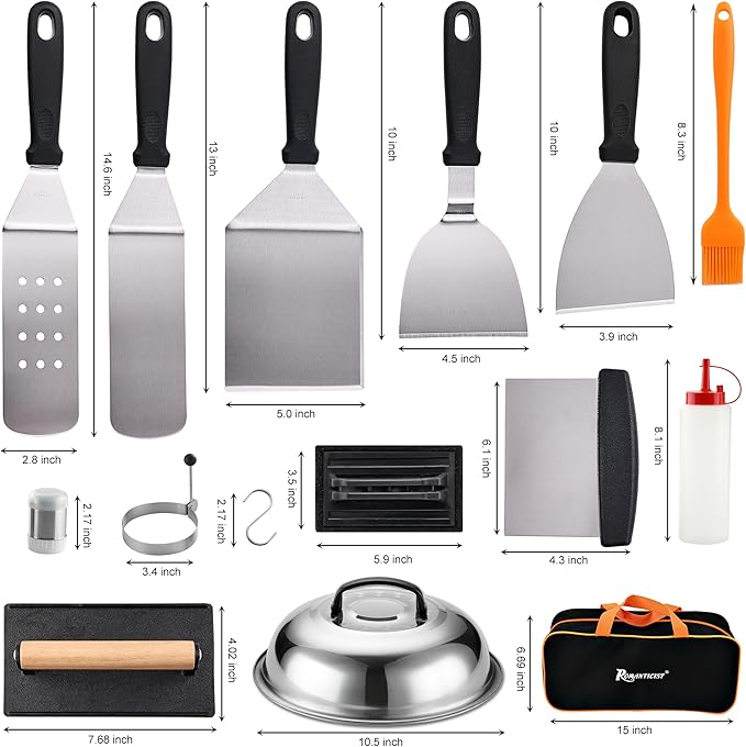 ROMANTICIST 29PCS Griddle Accessories Set - Flat Top Teppanyaki Spatula Set with Scraper, Basting Cover for Camp Chef- Home Cooking Griddle and Outdoor BBQ Gifts for Christmas