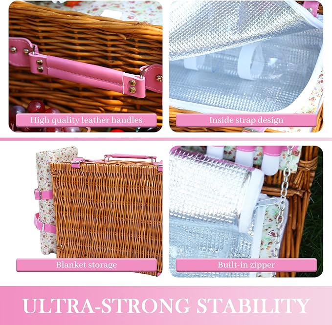 Neti Neti Wicker Picnic Basket for 4 with Insulated Cooler & Waterproof Blanket – Large Willow Picnic Hamper for Outdoor, Camping, Beach, Romantic Dates, Valentine’s Day