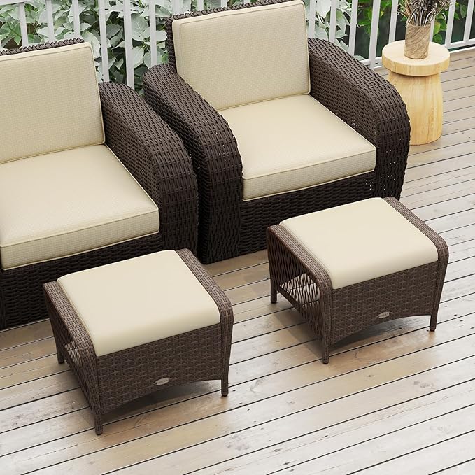 Tangkula 2 Pieces Outdoor Patio Wicker Ottomans with Removable Cushions, Outside Footrest for Additional Seating, Footrest and Side Table, for Porch, Garden and Backyard