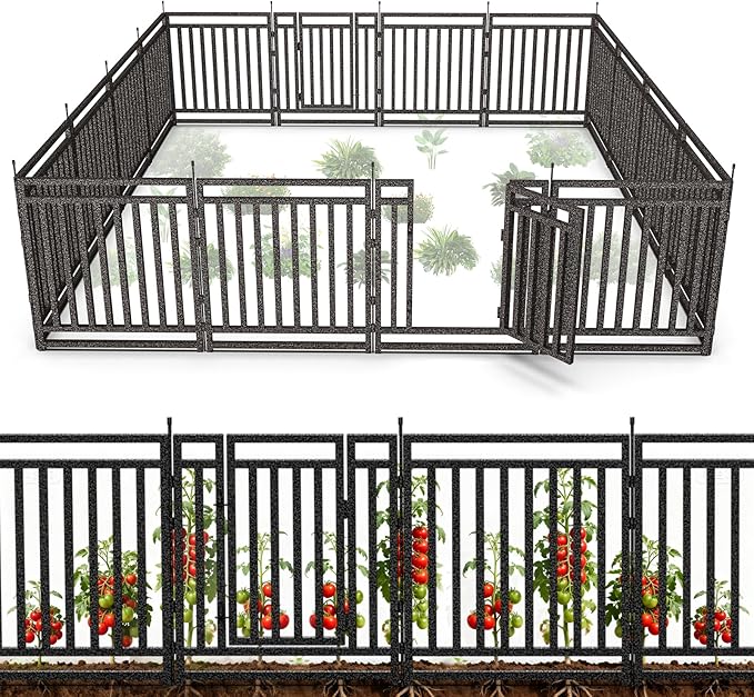 Garden Fence 32in (H) x 36ft (L), 14 Panels + 2 Gates, Durable Outdoor Yard Barrier, Secure Garden Fencing Weather-Resistant Fence Ideal for Pets, Privacy & Decoration, Black Silver