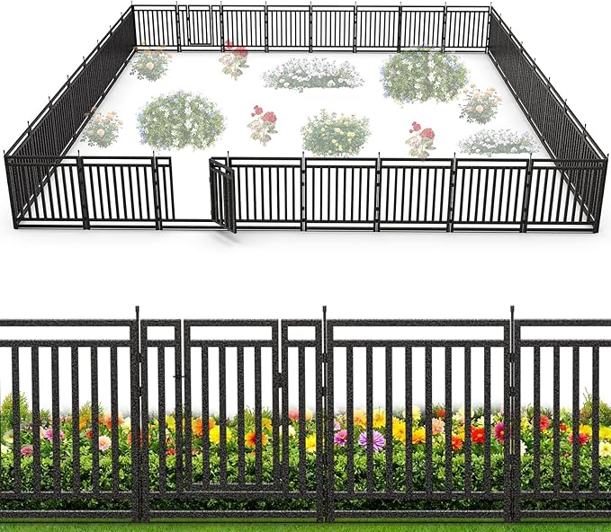 Garden Fence 40in (H) x 72ft (L), 28 Panels + 4 Gates, Durable Outdoor Yard Barrier, Secure Garden Fencing Weather-Resistant Fence Ideal for Pets, Privacy & Decoration, Black Silver