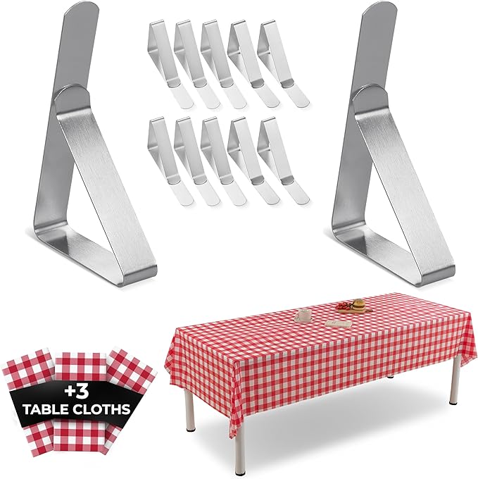 12 Pack Tablecloth Clips with 3 Tablecloths - Stainless Steel, Heavy Duty Table Clips for Home, Restaurants, Picnic, Party, Dining Tables - Fits Up to 1.8 Inch Thick Tables