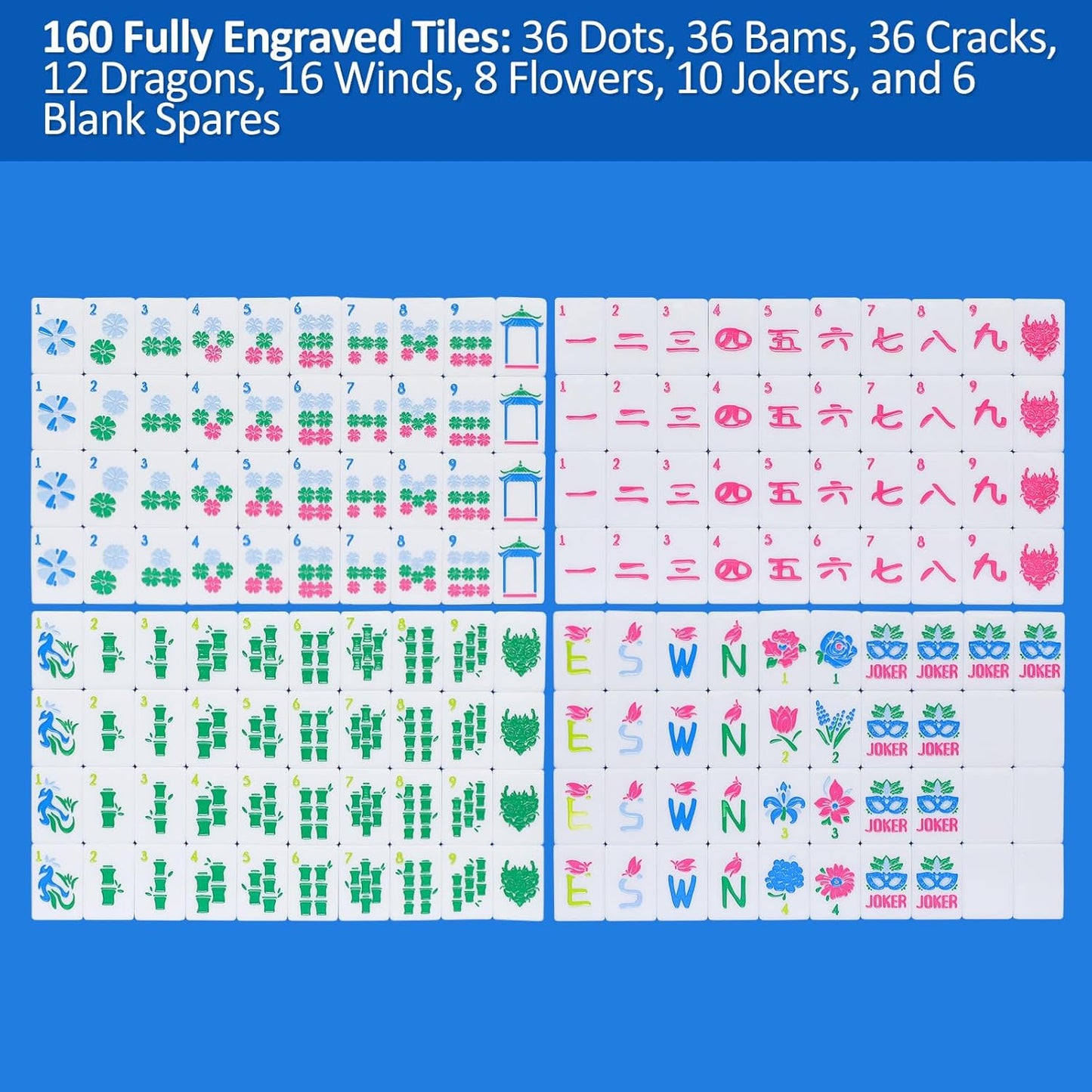 American Mahjong Tile Set with Carrying Bag and Accessories, 160 Acrylic Engraved Mahjong Tiles(Light Blue