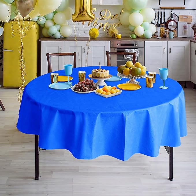 Nasitos 2 Pack Round Vinyl Tablecloth 60 Inch-Vinyl Plastic Blue Table Cloth Flannel Backed, Waterproof Stain Resistant Table Cover, Disposable Tablecloth for Wedding, Graduation Party, Holiday Dinner