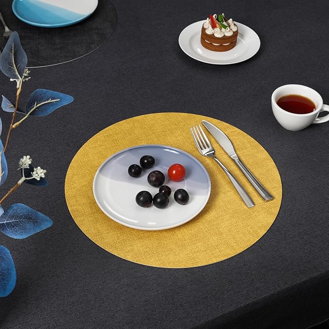 Myir JUN Round Placemats, Dual Sided Faux Leather Place Mats Set of 4 Indoor/Outdoor Non-Slip Washable Table Mats (Gray Yellow)