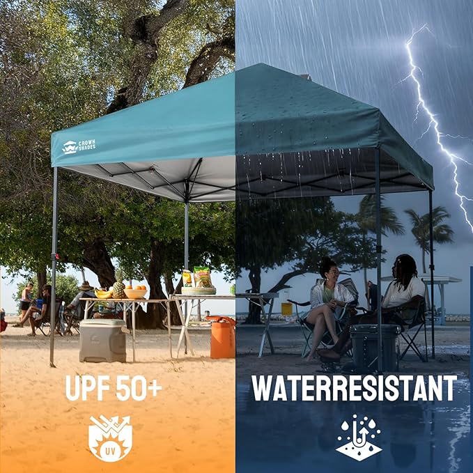 CROWN SHADES 10x10 Pop Up Canopy Tent - Patented Center Lock One Push Instant Outdoor Canopy Beach Tent with STO-N-Go Bag 8 Stakes & 4 Sand Bags，Cyan Blue