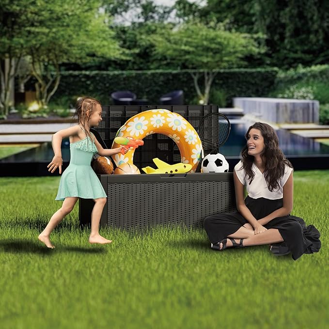 100 Gallon Deck Box, Resin Outdoor Indoor Waterproof Storage Box, Lockable Storage Box With Handle for Patio Furniture - Garden Tools - Swimming Pool Tools UV-Resistant, (100 Gallon Black)
