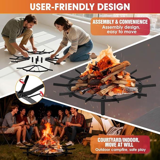 Fire Pit Grate & Fireplace Grate, Heavy Duty Heat Resistant Campfire Grill for Campfires and Outdoor fire pits(Black, 24in)