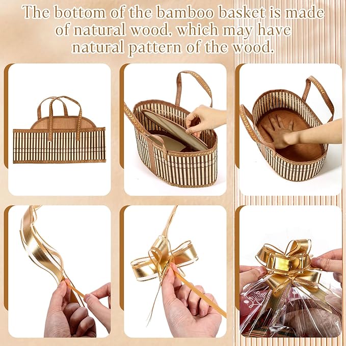 Reallnaive Baskets for Gifts Empty Sturdy Woven Bamboo Gift Basket with Gift Bags and Ribbons for Christmas Thanksgiving Birthday Mothers Day Housewarming Party Gift Wrapping, 12"x 8"x 6" (1 Set)