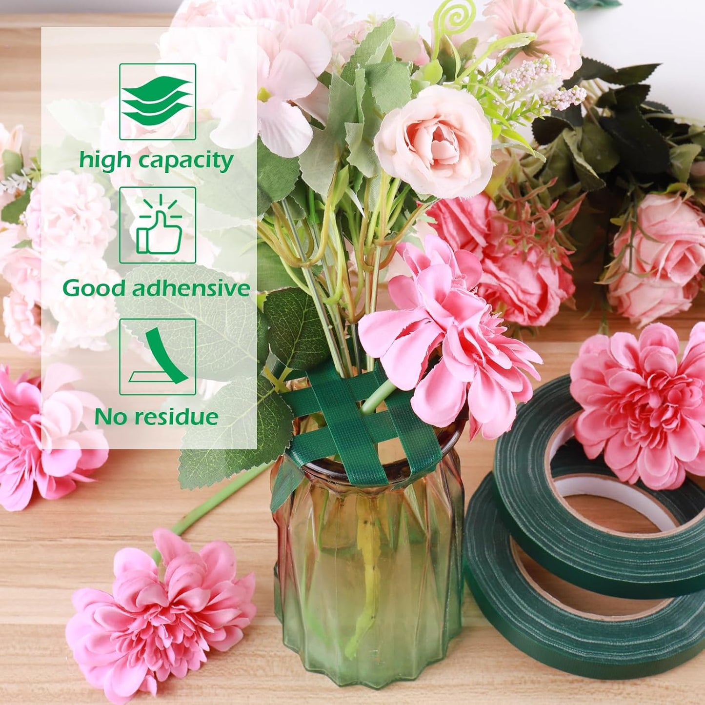 GLAMFIELDS Floral Tape Green, Flower Wrap Adhesive Waterproof Tape for Bouquets 0.26" (60 Yd/180 Ft) - 1 Roll/Green