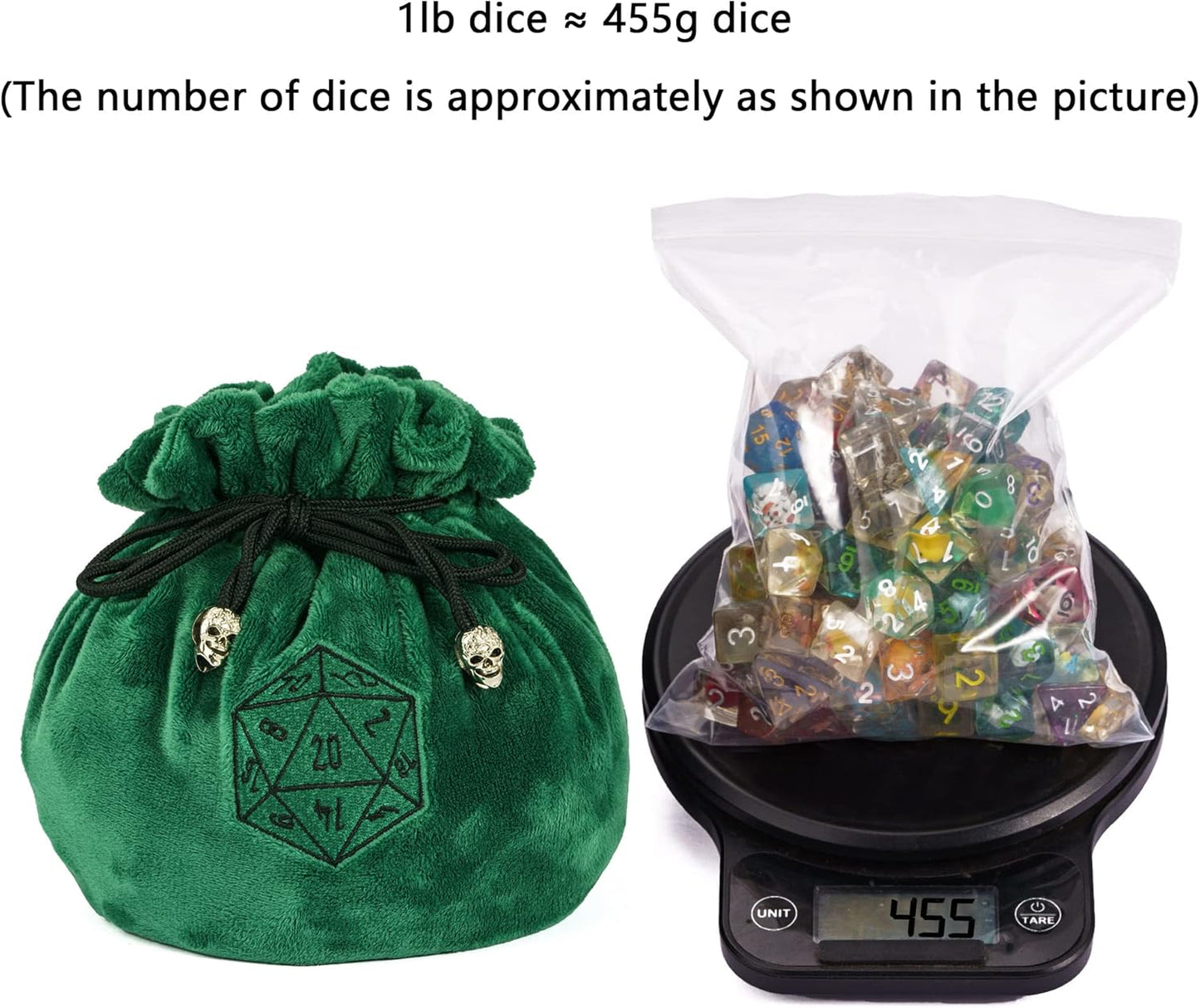Large Dice Bags D&D with Pockets Green Storage Bag D20 Logo for DND RPG Game Dices (with 1lb Random DND Dice)