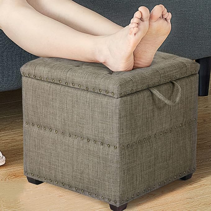 Adeco 18 Inch High Cube Ottoman Storage, Linen Grey Chair Foot Stools with Tray, Upholstered Vanity Stool