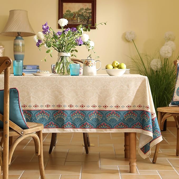 Vintage Beige Linen Extra Long Rectangle Tablecloth,Paisley Farmhouse Feather Pattern Table Cloth,Decor Table Cover for Kitchen,Dining,Thanksgiving,Christmas,63"*110"-Dorodango F