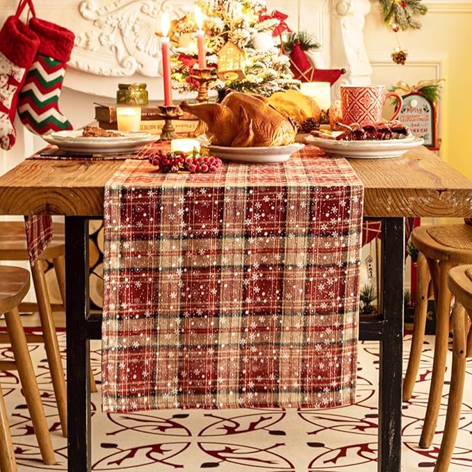 Red Plaid Snowflake Christmas Table Runner, Winter Holiday Table Runners 108 inches Long Xmas Decorations Indoor Outdoor Farmhouse Home Kitchen Dining Party Decor