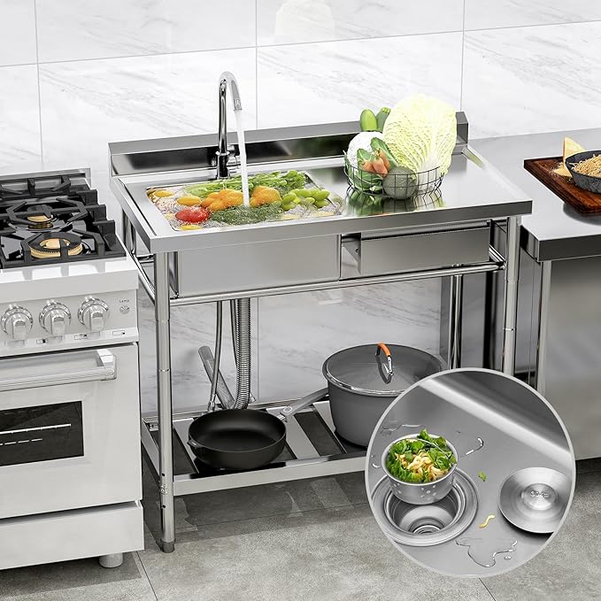Stainless Steel Utility Sink, 39'' Free Standing Single Bowl Kitchen Sink with Cold and Hot Water Pipe, Right Drawer, Indoor and Outdoor for Laundry Room Farmhouse Kitchen(39 inch)