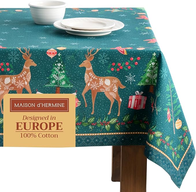 Maison d' Hermine Table Cloth Rectangle Table 100% Cotton 60 x 120 Inches Fall Tablecloth Reusable Everyday Use for Thanksgiving Christmas Decorations Dining Farmhouse Party (Hygge Christmas)