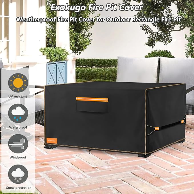 Fire Pit Cover,Outdoor Heavy Duty 600D 100% Waterproof Fire Pit Cover Rectangular,Weatherproof Firepit Covers Rectangle 44" L x 28" W x 24" H,Black