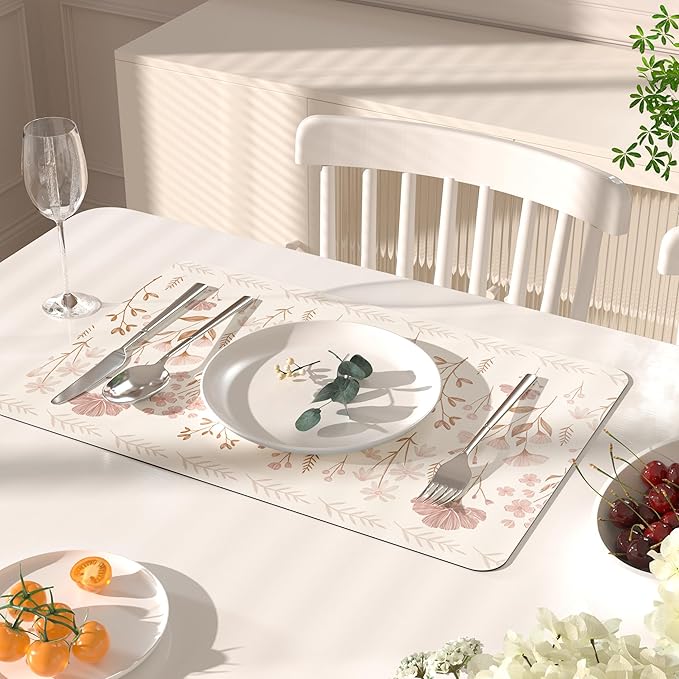 QIYI Placemats Set of 6, 12x18 Inch Faux Leather Place Mats for Kitchen Dinning, Heat Resistant Anti Slip Floral Table Mats, Waterproof Wipeable Washable Placemat Party Beige Table Décor, Pink Flowers