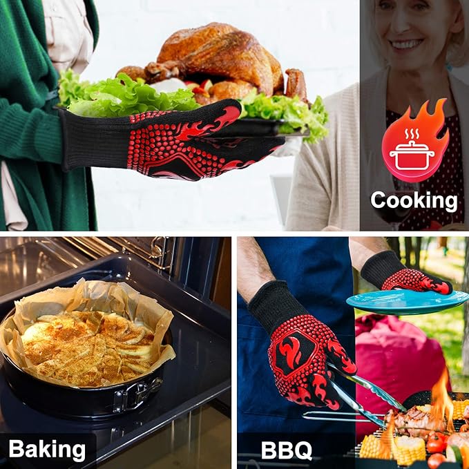 QUWIN BBQ Gloves, BBQ Accessories 1472℉ Extreme Heat Resistant, Grilling Gloves Silicone Non-Slip Oven Mitts, Kitchen Gloves for BBQ, Grilling, Cooking, Baking-1 Pair… (One Size Fits Most, Red)