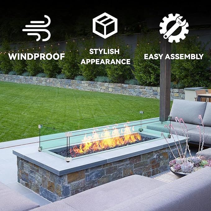 Skyflame Fire Pit Tempered Glass Wind Guard for Outdoor Linear Fire Pits, Thick/Clear Steady Feet Tree Gas Pit Guard / 78" x 11" Glass Shields for Propane, Outside Patio