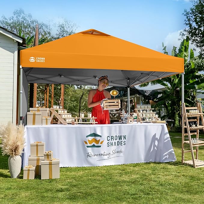 CROWN SHADES 10x10 Pop Up Canopy with 1 Side Wall - Beach Tent with One Push Setup - Outdoor Sun Shade for Events, Parties, Camping - Gazebo with STO-N-Go Cover Bag (Orange)
