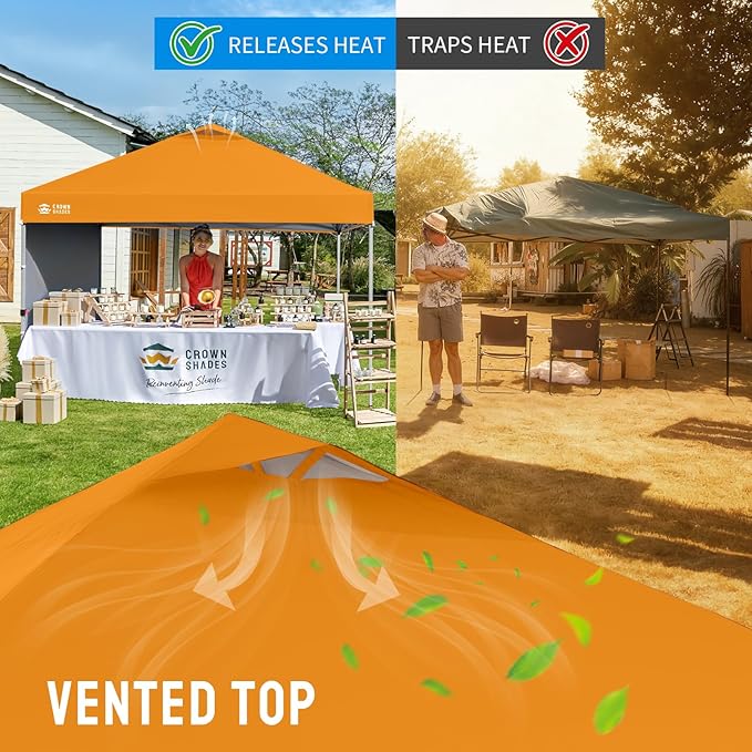CROWN SHADES 10x10 Pop Up Canopy with 1 Side Wall - Beach Tent with One Push Setup - Outdoor Sun Shade for Events, Parties, Camping - Gazebo with STO-N-Go Cover Bag (Orange)