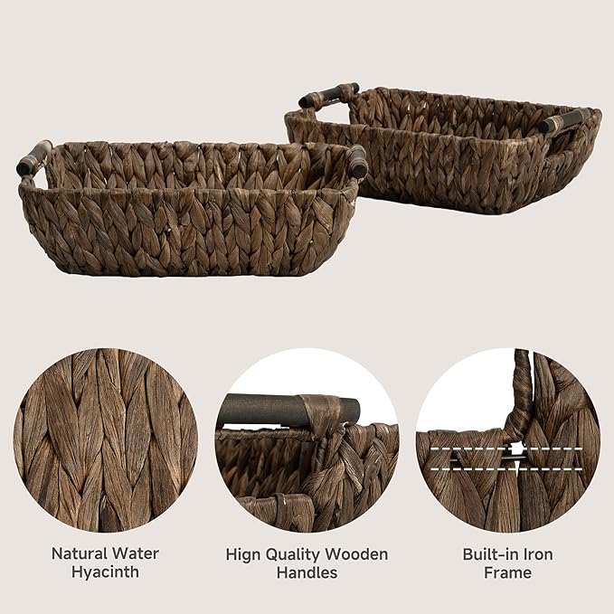 StorageWorks Wicker Baskets for Organizing, Woven Basket with Wooden Handles, Wicker Storage Baskets for Shelf, Brown, 2-Pack