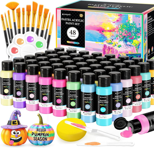 64 PCS Pastel Acrylic Paint Set with 12 Brushes, 2 Knives & Palette, 48 Colors (2oz/60ml) Art Craft Paint for Adults Kids Artists Beginners, Halloween Pumpkin Canvas Ceramic Rock Painting Kit