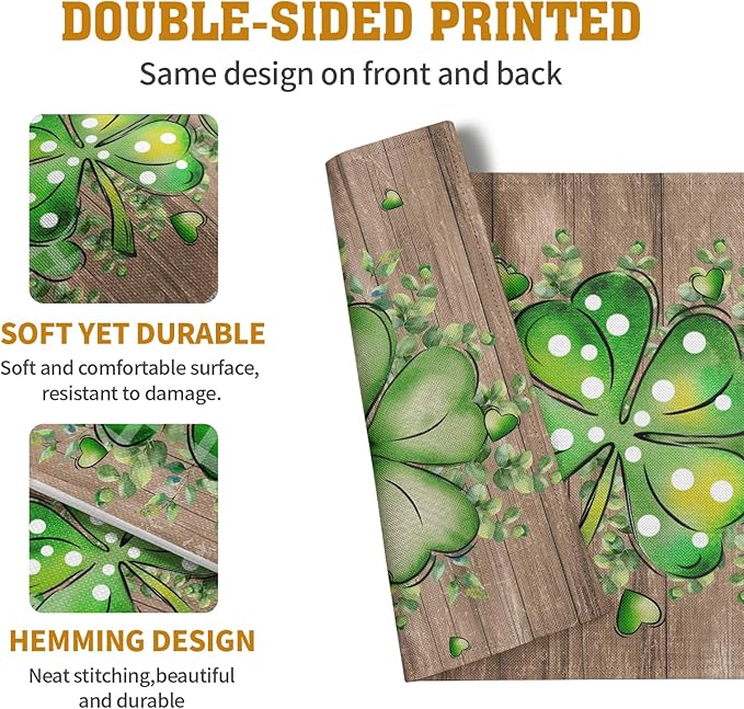 St Patricks Day Eucalyptus Leaves Placemats Set of 4, 12x18 Inch St Patrick Wooden Plank Dining Table Placemats Shamrock Spring Washable Heat Resistance Table Mats for Kitchen Dining Decor