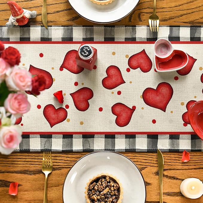 Artoid Mode Watercolor Hearts Gnomes Love Table Runner, Seasonal Anniversary Wedding HoliKitchen Dining Table Decoration for Indoor Outdoor Home Decor 13 x 108 Inch