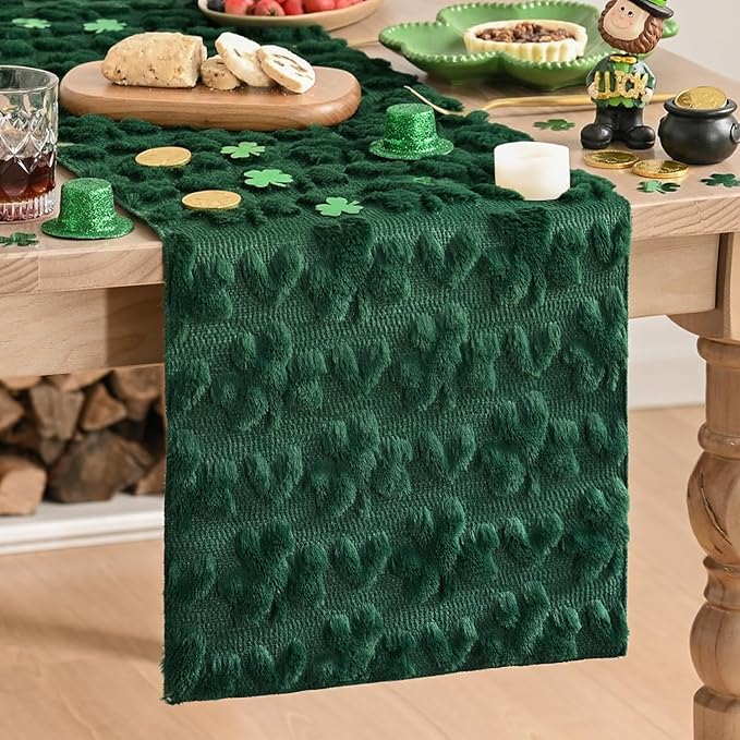 Artoid Mode Green Soft Plush Faux Fur Jacquard Heart Clover St. Patrick's Day Table Runner, Seasonal Kitchen Dining Table Decoration for Home Party Decor 13x36 Inch