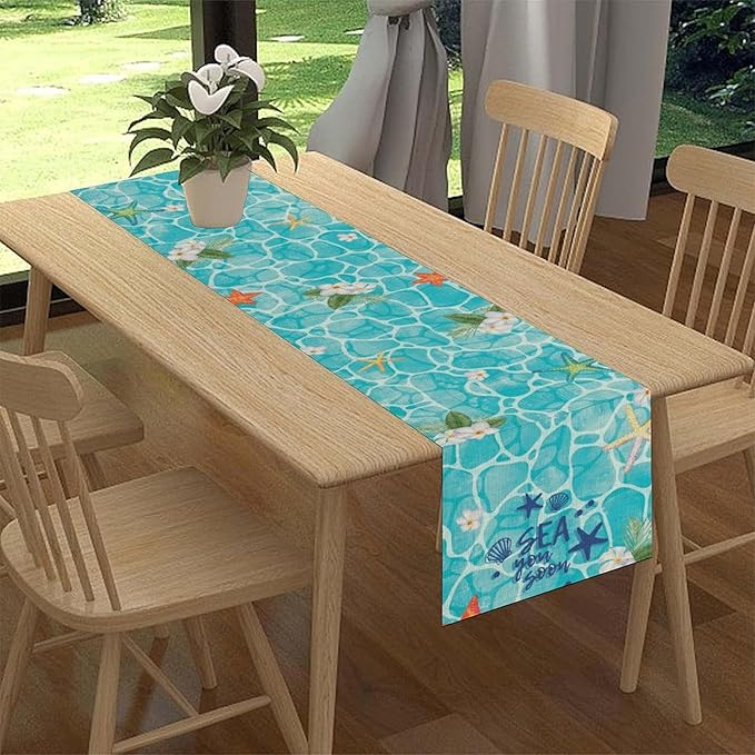 Summer Starfish Table Runner, Blue Sea Coastal Tropical Flower Beach Nautical Starfish Ocean Table Runner Seasonal Holiday Home Kitchen Dining Table for Home Party Decor 13"x36"