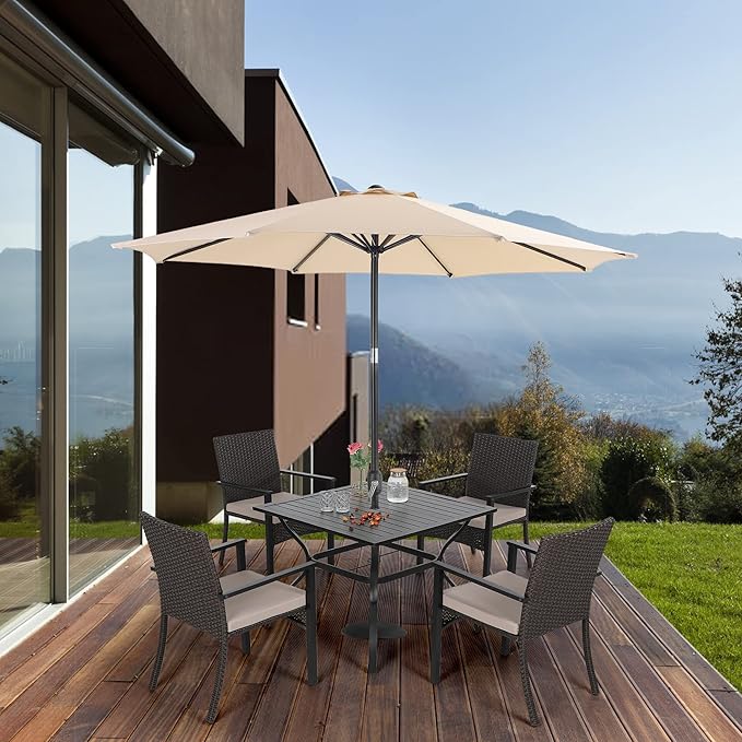 Sophia & William 5 Pieces Patio Dining Set with 9 ft Beige Patio Umbrella, Outdoor PE Rattan Chairs and Square Metal Table Set with Cushions and 1.57" Umbrella Hole for Poolside Porch Backyard