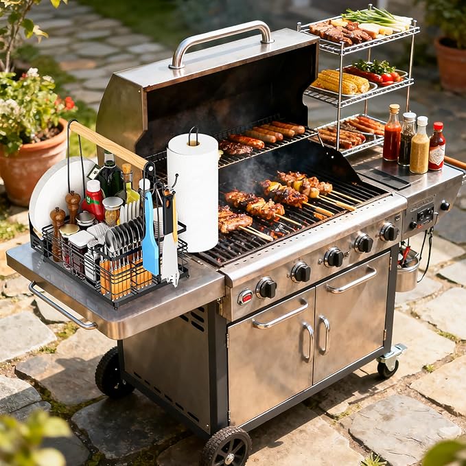 Grill Caddy, BBQ Caddy with Paper Towel Holder & Utensil Holder, Picnic Caddy Organizer for Outdoor Cooking, Camping Essentials, Tailgating, Camping Must-Have for Patio, RV, Camper