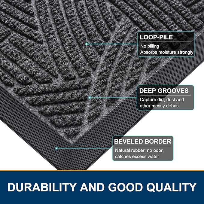Smiry Front Door Mat Outside Entrance, Heavy Duty Sturdy Natural Rubber Doormat, Trap Dirt and Moisture, Easy Clean Low Profile Mats for Indoor Outdoor Entry, Interwoven Stripes (36x24, Grey)