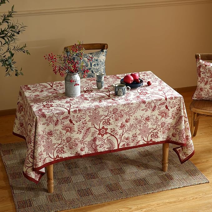ISAENNE Designer French Linen Long Rectangle Tablecloth,Red Floral Washable Indoor Table Cloth,Durable Home Decor Tablecloths for Dining Thanksgiving Kitchen Party Christmas,63"*102"-Ruyi A