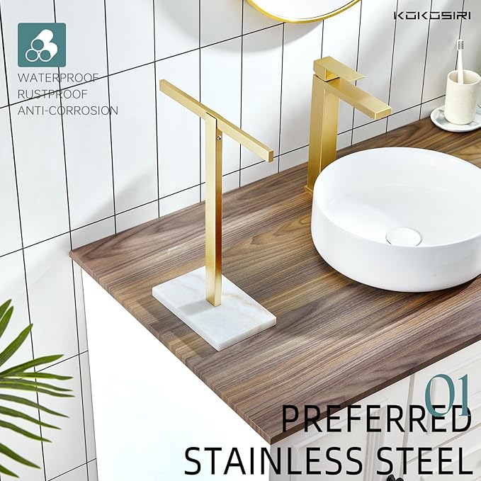 KOKOSIRI Hand Towel Holder Stand Towel Rack with Marble Base for Bathroom Kitchen Vanity Countertop, Gold Stainless Steel 15.7'' Height THS0002-SM-BG