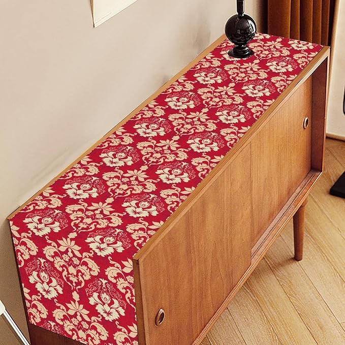 Damask Table Runner, Rustic Gothic Red Baroque Style Floral Boho Flower Antique Vintage Retro Coffee Table Center Decor for Kitchen and Dining Outdoor Home Country Party Table Decorations, 13"x90"