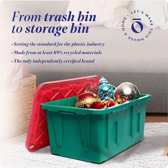 HOMZ 2-Pack Durabilt, Heavy Duty Plastic Storage Bins with Lids, 27 Gallon, Green/Red - Stackable Container Boxes for Holiday, Attic, and Garage Organization