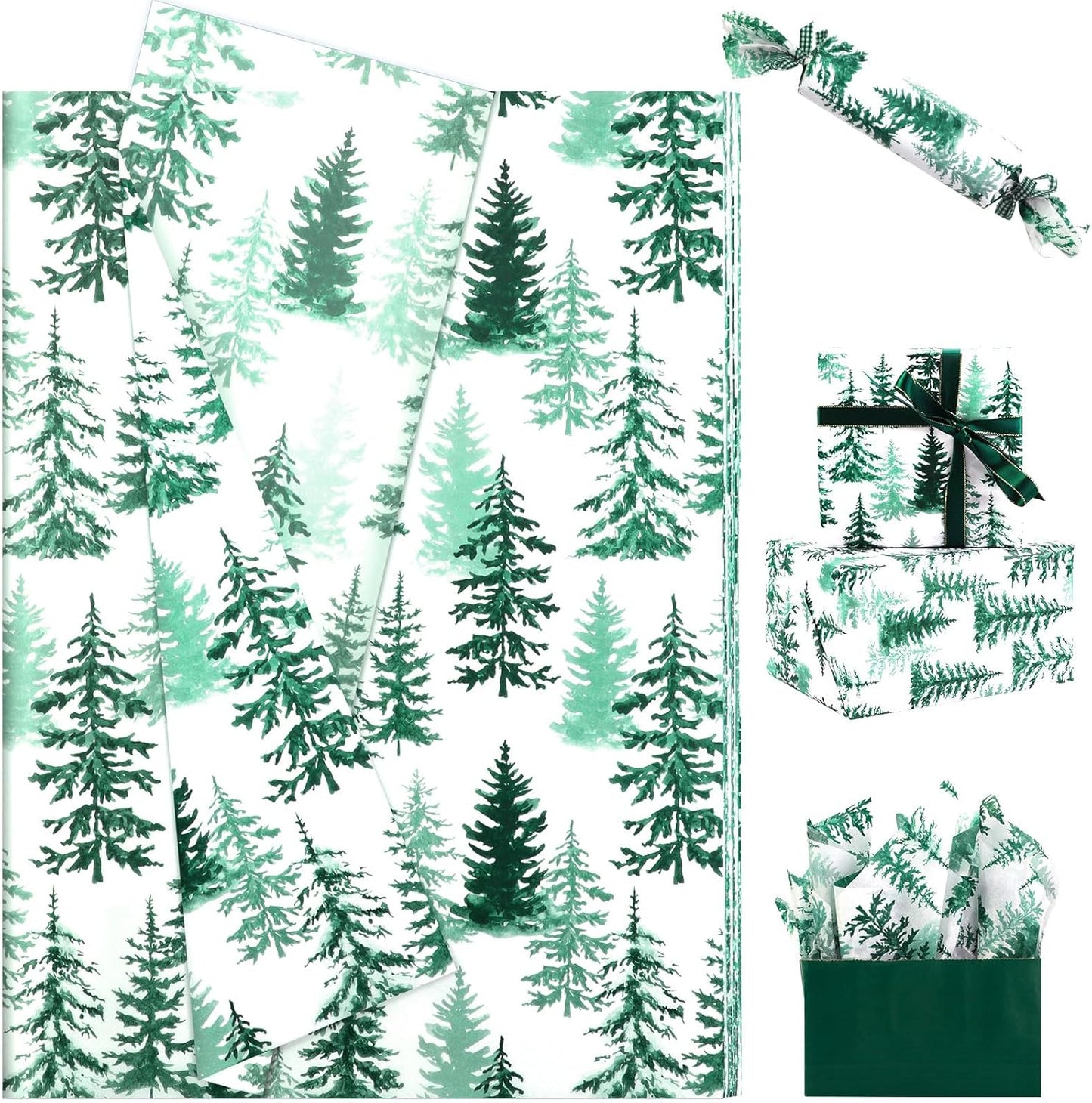 100 Sheets Christmas Tree Tissue Paper, 20x14in Forest Style Wrapping Tissue Watercolor Xmas Tree Art Tissue for Xmas Party Gift Bag Fillers Winter Party Decor (Blush Green)