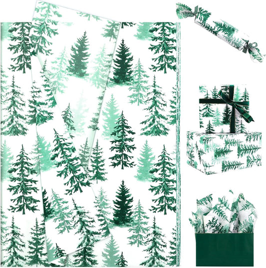 100 Sheets Christmas Tree Tissue Paper, 20x14in Forest Style Wrapping Tissue Watercolor Xmas Tree Art Tissue for Xmas Party Gift Bag Fillers Winter Party Decor (Blush Green)