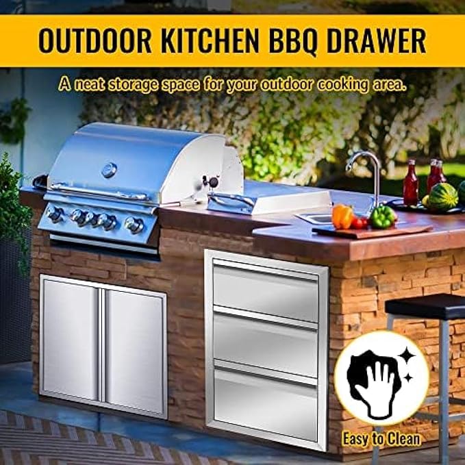 Outdoor Kitchen Drawers, Box Frame Style Flush Mount BBQ Drawer w/Stainless Steel Handle, BBQ Island Drawers For Patio Grill Station,Three Drawers