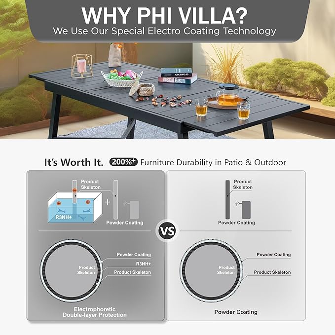 PHI VILLA Expandable Patio Dining Table Metal Outdoor Table for 6-8 Person Lawn Garden Bistro Rectangular Table, with Adjustable Legs, Black