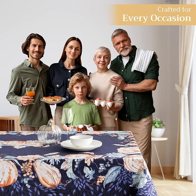 Maison d' Hermine Table Cloth Square Table 100% Cotton 60 x 60 Inches Fall Tablecloth Reusable Everyday Use for Thanksgiving Christmas Decorations Dining Farmhouse Party (Pumpkin Blues)