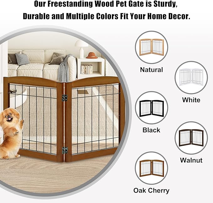 LZRS 2-Panel Freestanding Foldable Wood Dog Gate – Solid Wood & Steel Wire, Chew-Resistant Pet Barrier for Indoor Use, Ideal for Small to Medium Dogs, Cherry