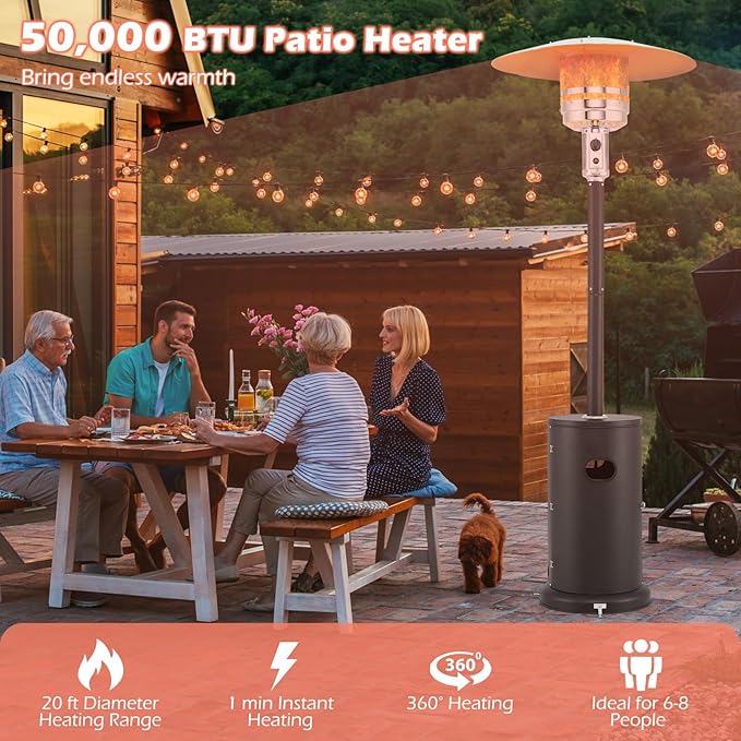 Tangkula 50,000 BTU Propane Outdoor Heater, Patio Heater with Strengthened Stainless Steel Burner, Tip-Over, Flame-Out Protection and Wheels, Outdoor Heaters for Patio (Black)