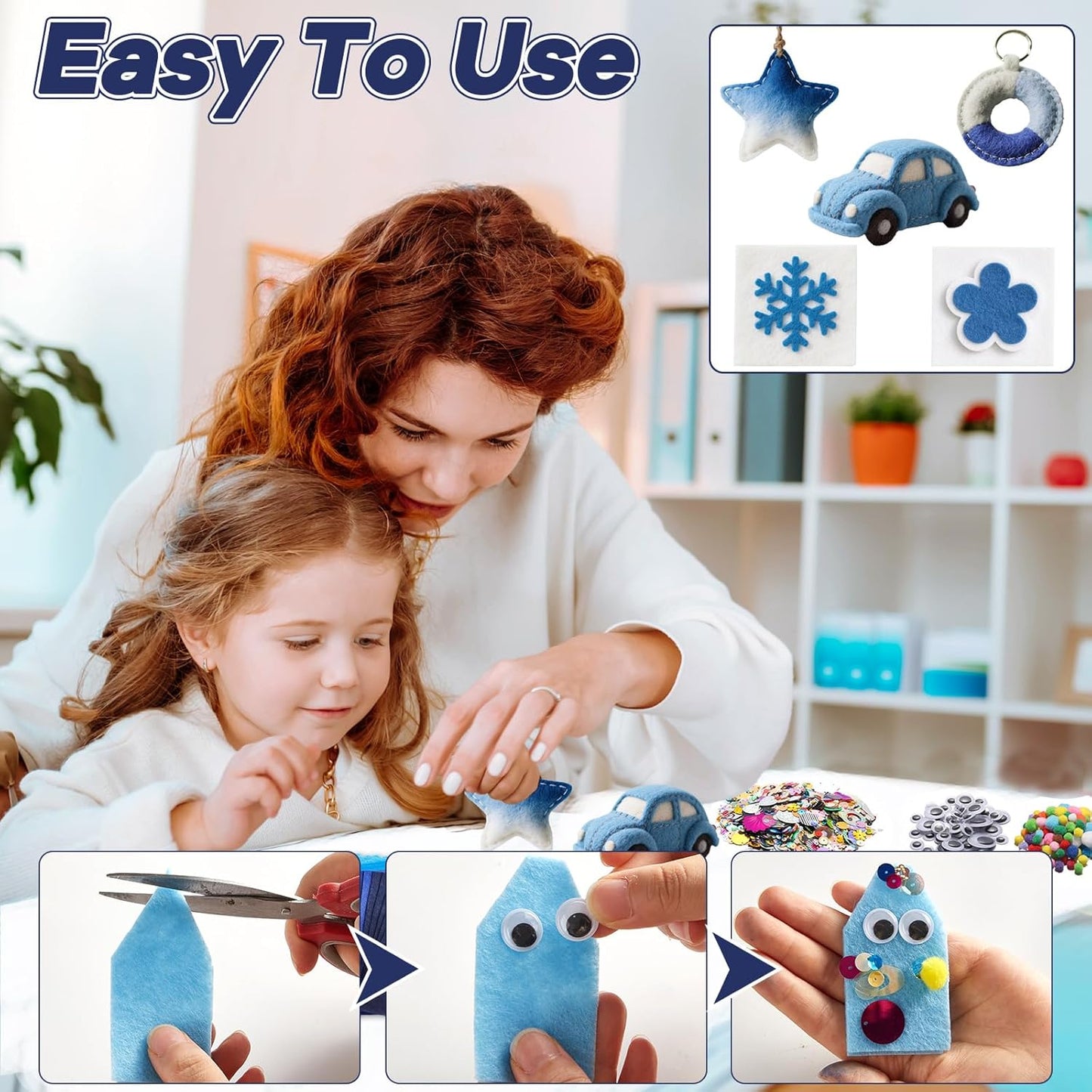 gisgfim 42Pcs Blue Felt Fabric Sheets Craft Kit 8 x 12 Inch Assorted Soft Thick Winter Blue Felt Pack with Wiggle Google Eyes Pom Poms Glitter Patchwork Craft for DlY Sewing Creative Art Project Decor